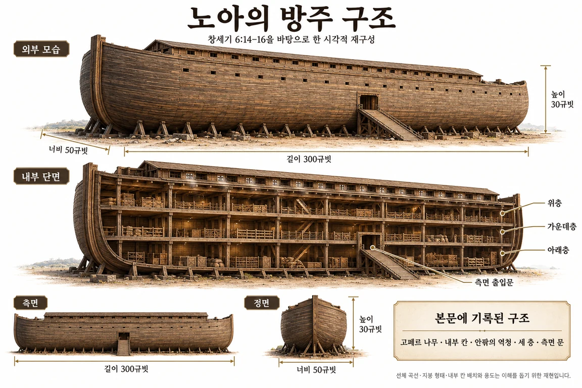 노아의 방주 외관과 내부 세 층, 300·50·30규빗 치수 구조도